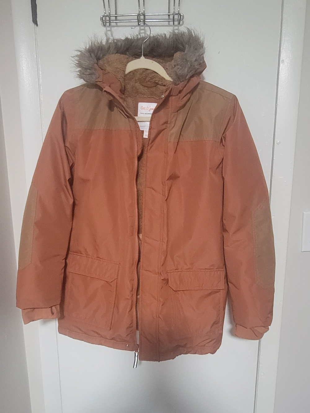 Cat & Jack Girls XL 16 Rust Hooded Winter Parka Faux Fur Sherpa Lined Coat
